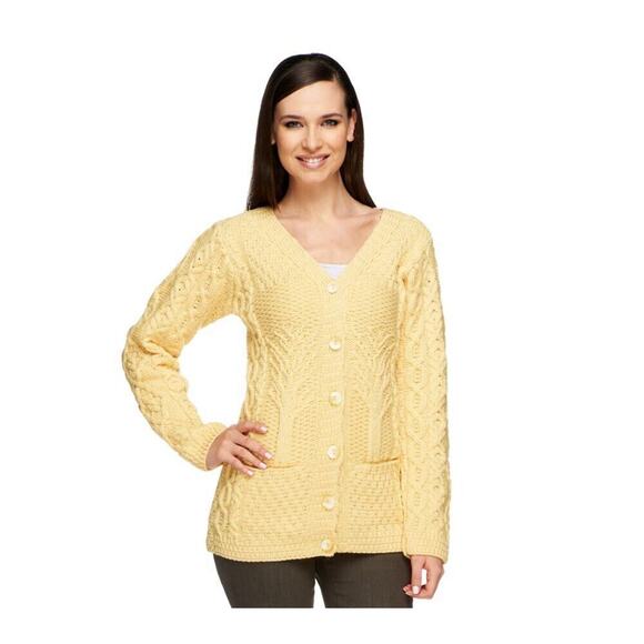 Kilronan Merino Wool Tree of Life Button Front Cardigan In Yellow Sz XL - Picture 1 of 6